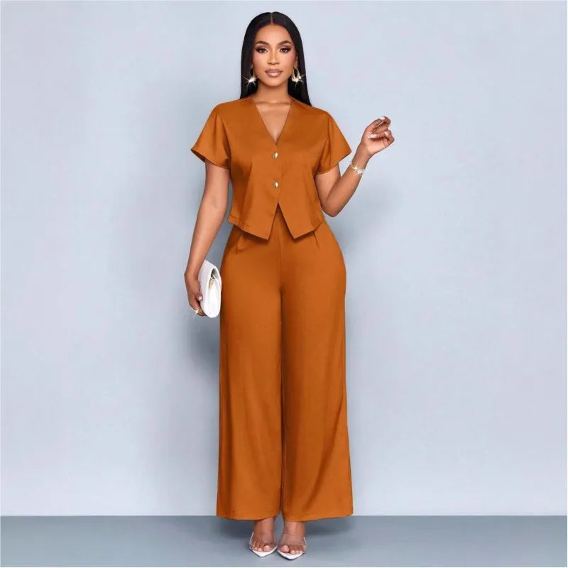 Two Piece Set Women 2026 Summer Fashion V-neck Short Sleeve Short Top & Casual Commuter High Waist Wide Leg Pants Set Outfit