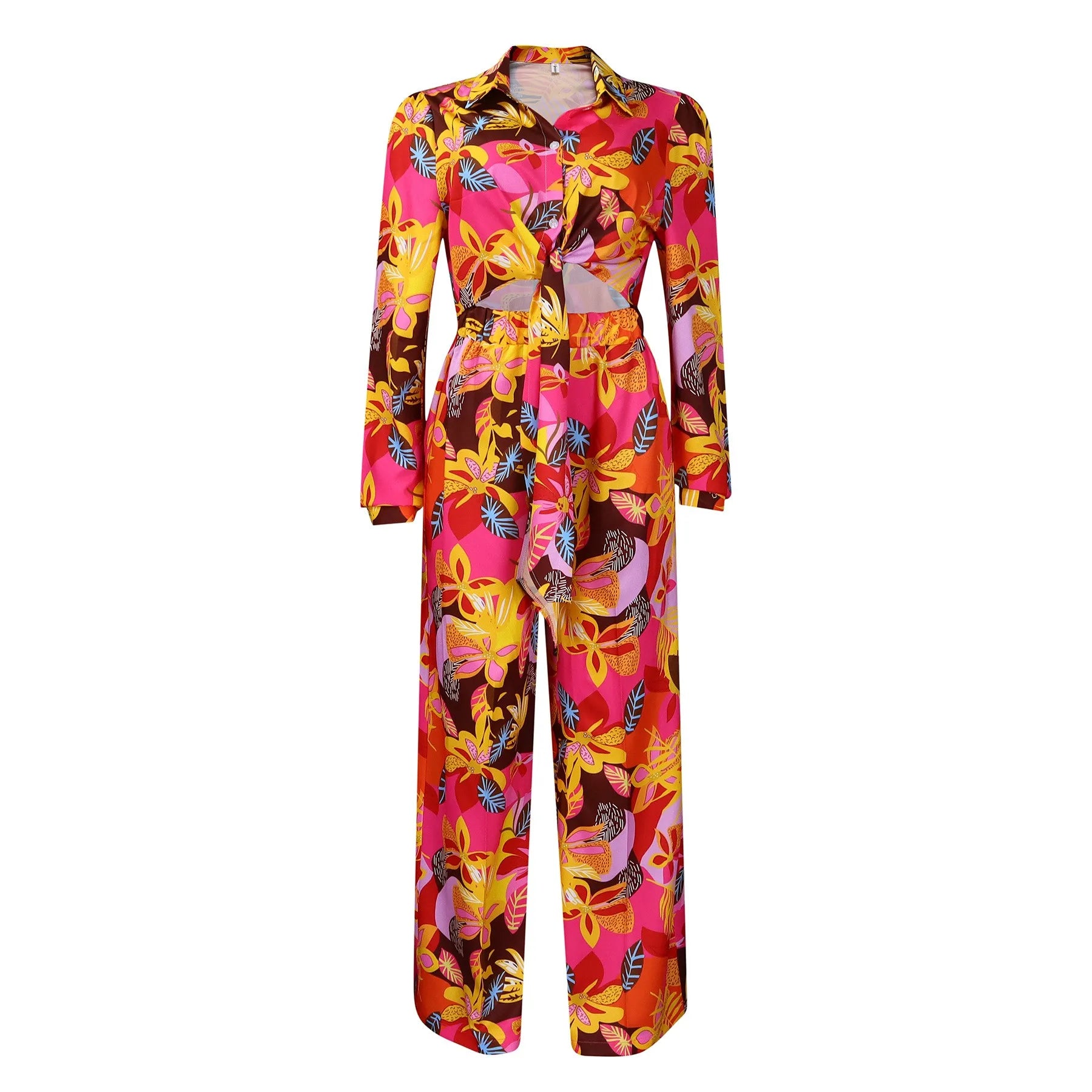 Summer Women's Clothing Floral Print Tie Waist Long Sleeve Shirt And Wide Leg Pants Set Elegant Two Suit Polyester