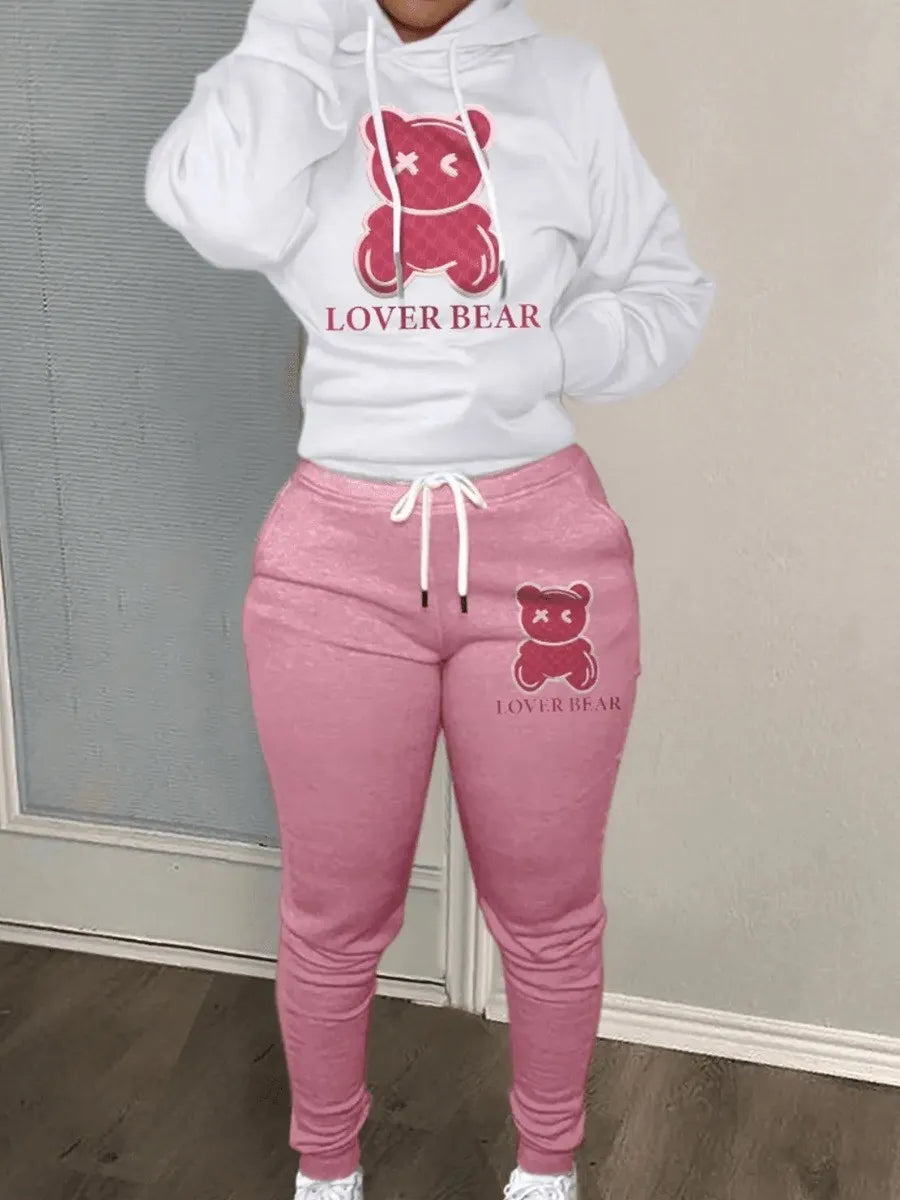 Autumn and winter women's loose and fashionable plus size cartoon bear print hooded sweater+woolen pants set