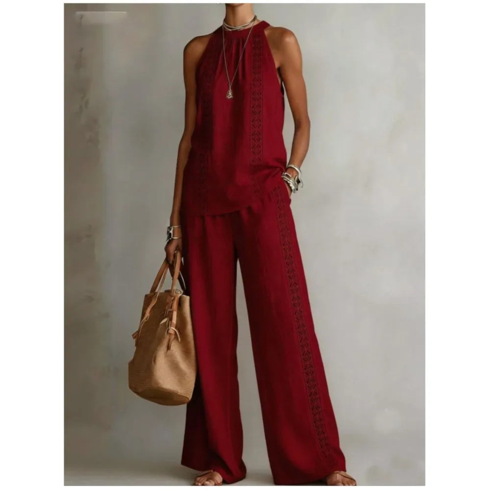Sexy Halter Neck Sleeveless Tops Women's Office Suit Summer New Fashion Loose Retro Hollow Lace Wide Leg Pants 2-piece Set 2026