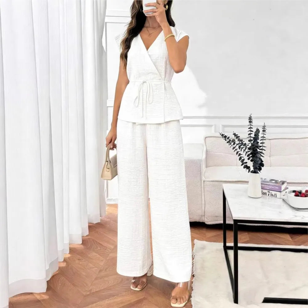 Elegant Women's Waist-cinched Shirt Trousers Suit Summer Casual V-neck Sleeveless Top Loose Wide-leg Trousers 2 piece Set Female