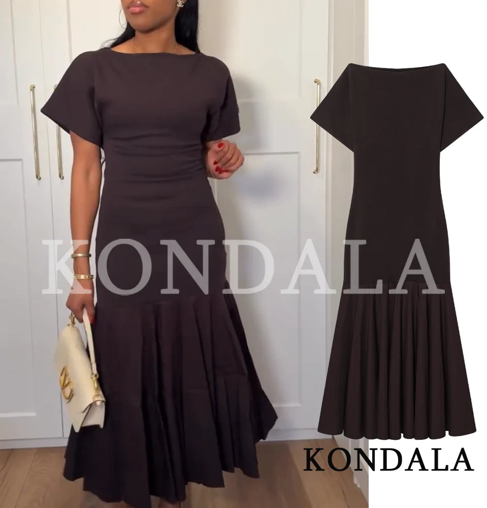 KONDALA Vintage Boat Collar Long Dress Women's Elegant Casual Splicing Pleated Dress New 2026 Spring Summer Fashion Slim Dress