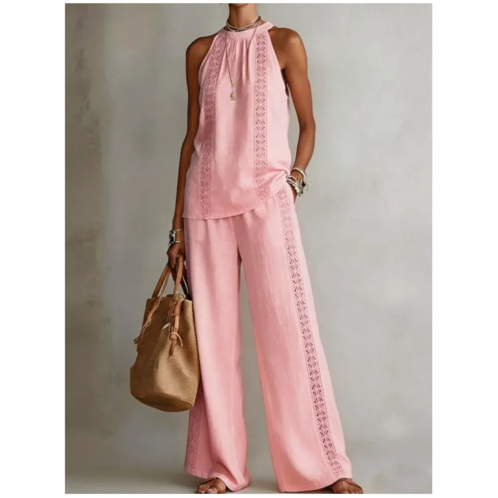 Sexy Halter Neck Sleeveless Tops Women's Office Suit Summer New Fashion Loose Retro Hollow Lace Wide Leg Pants 2-piece Set 2026