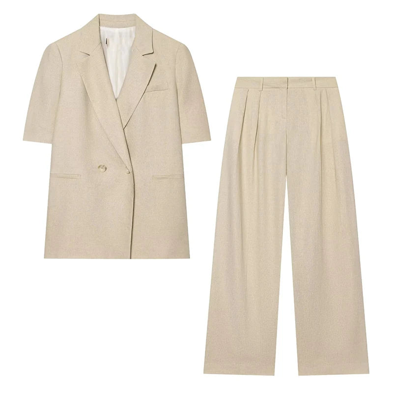 TFMLN 2026 Women's Blazer Jacket Suit Elegant Short Sleeve Double Breasted Slim Fit Jackets Straight Pants Lady Commuter Set