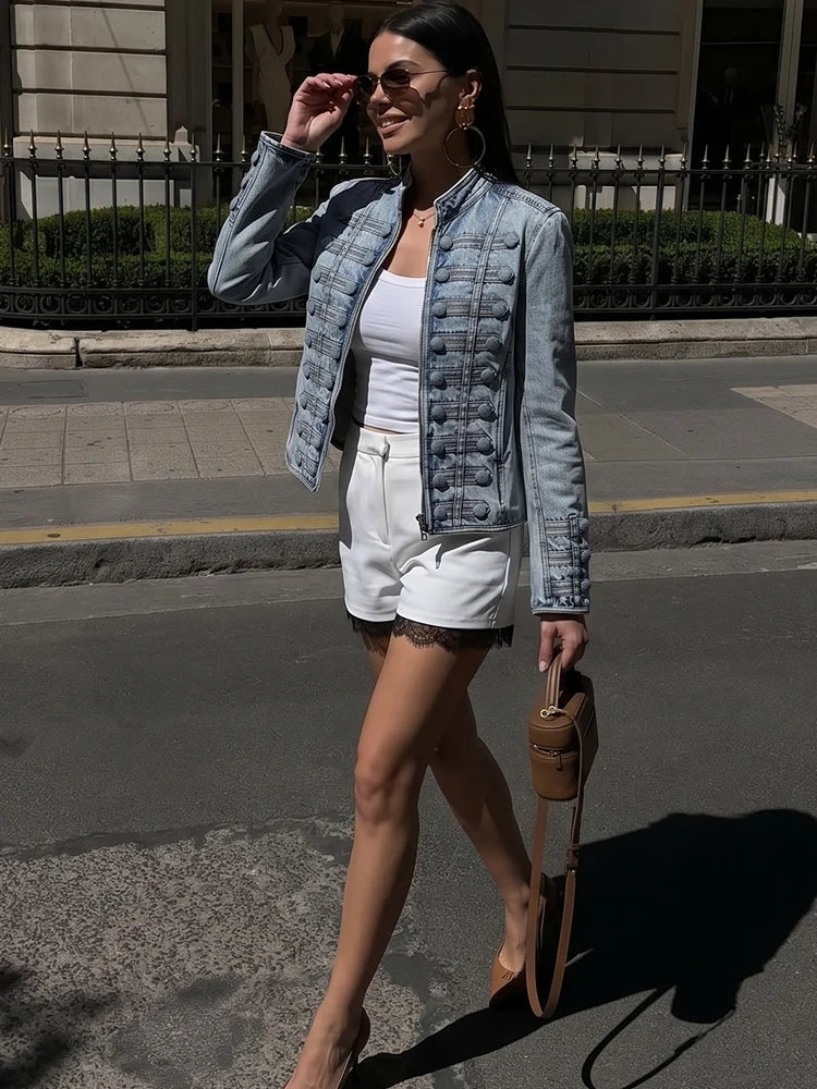 HH Vintage Women's Denim Cropped Jacket Spring Autumn O-Neck Long Sleeve Buttoned Slim Denim Jean Coat Military Style Streetwear