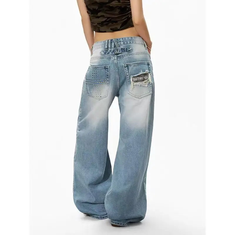 Vintage American style cross rivet plus size women loose straight leg wide leg pants Y2k casual ripped pants