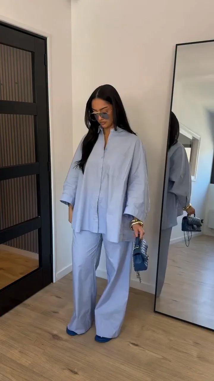 Lapel Short Sleeve Pocket Solid Color Shirt Pants Set Loose Fit Straight Leg Trouser 2026 Spring Casual Women Daily Outfit