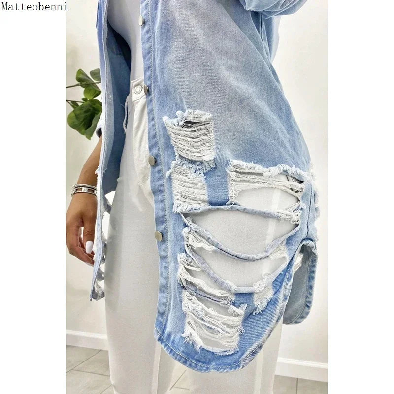 New Autumn Jeans Jacket Women New Sexy Ripped Oversized Denim Jacket Winter Fashion Long Sleeve Denim Jacket Casual Loose Coats