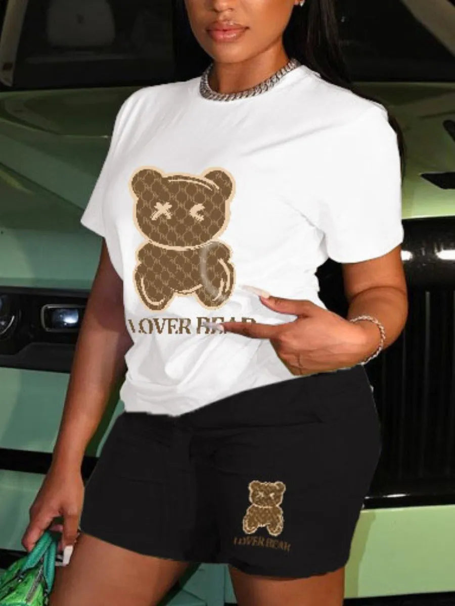 Autumn and winter women's loose and fashionable plus size cartoon bear print hooded sweater+woolen pants set