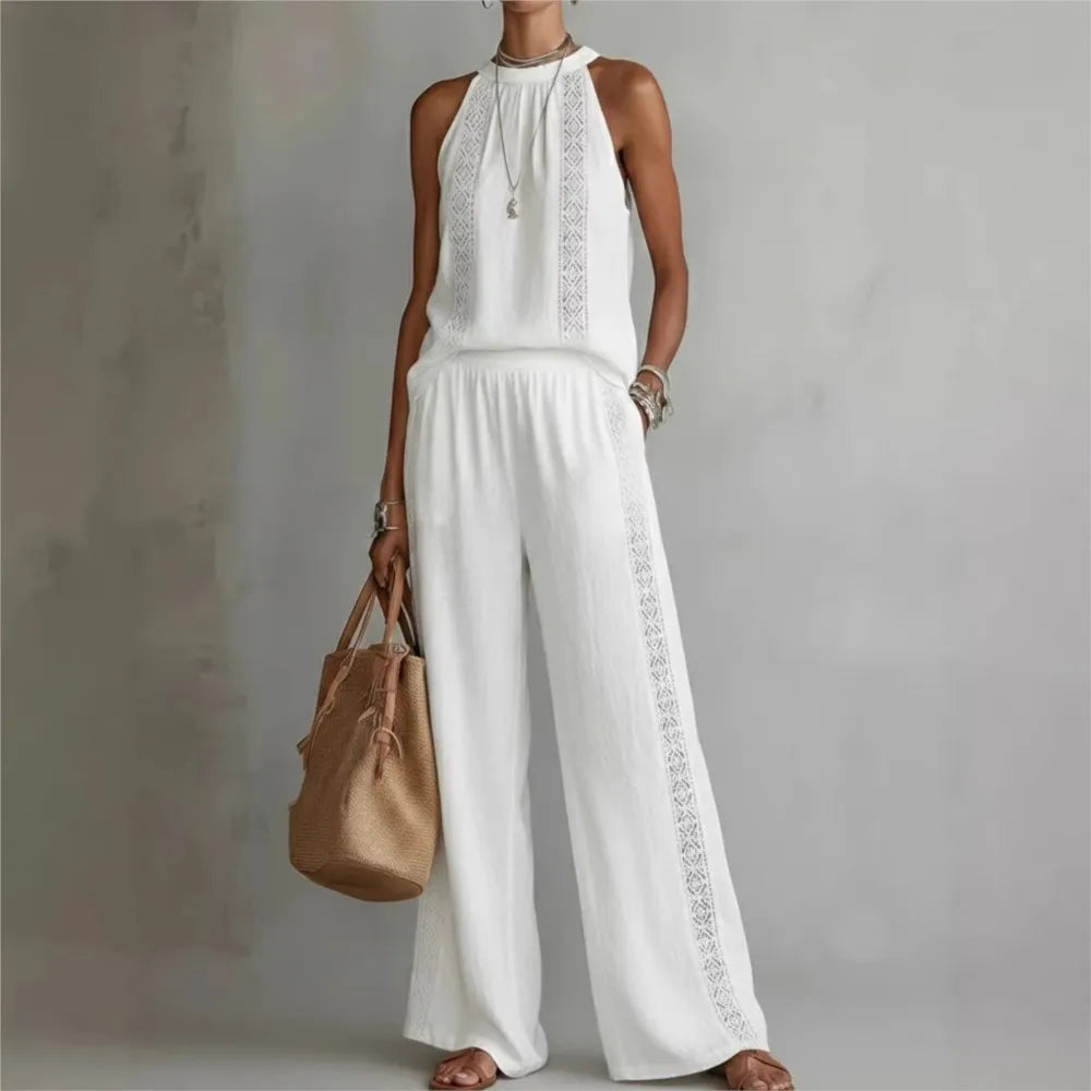 Sexy Halter Neck Sleeveless Tops Women's Office Suit Summer New Fashion Loose Retro Hollow Lace Wide Leg Pants 2-piece Set 2026