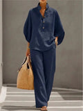 Fashion Cotton Linen Button Stand Collar 9 Quarter Sleeves Loose Women's 2-piece Suit Spring Casual Wide Leg Pants Suit Female