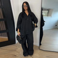 Lapel Short Sleeve Pocket Solid Color Shirt Pants Set Loose Fit Straight Leg Trouser 2026 Spring Casual Women Daily Outfit