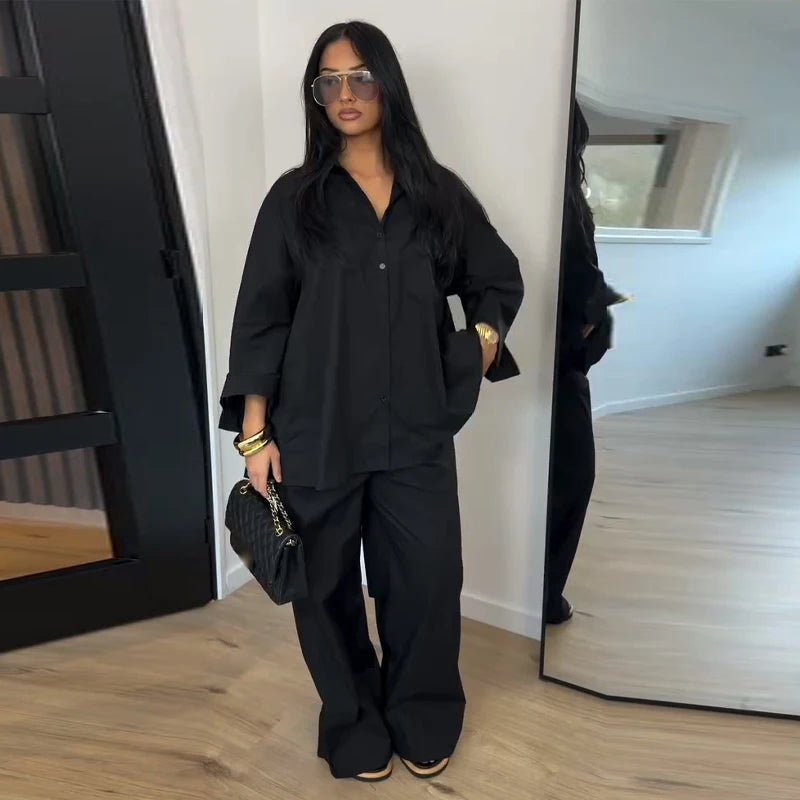 Lapel Short Sleeve Pocket Solid Color Shirt Pants Set Loose Fit Straight Leg Trouser 2026 Spring Casual Women Daily Outfit