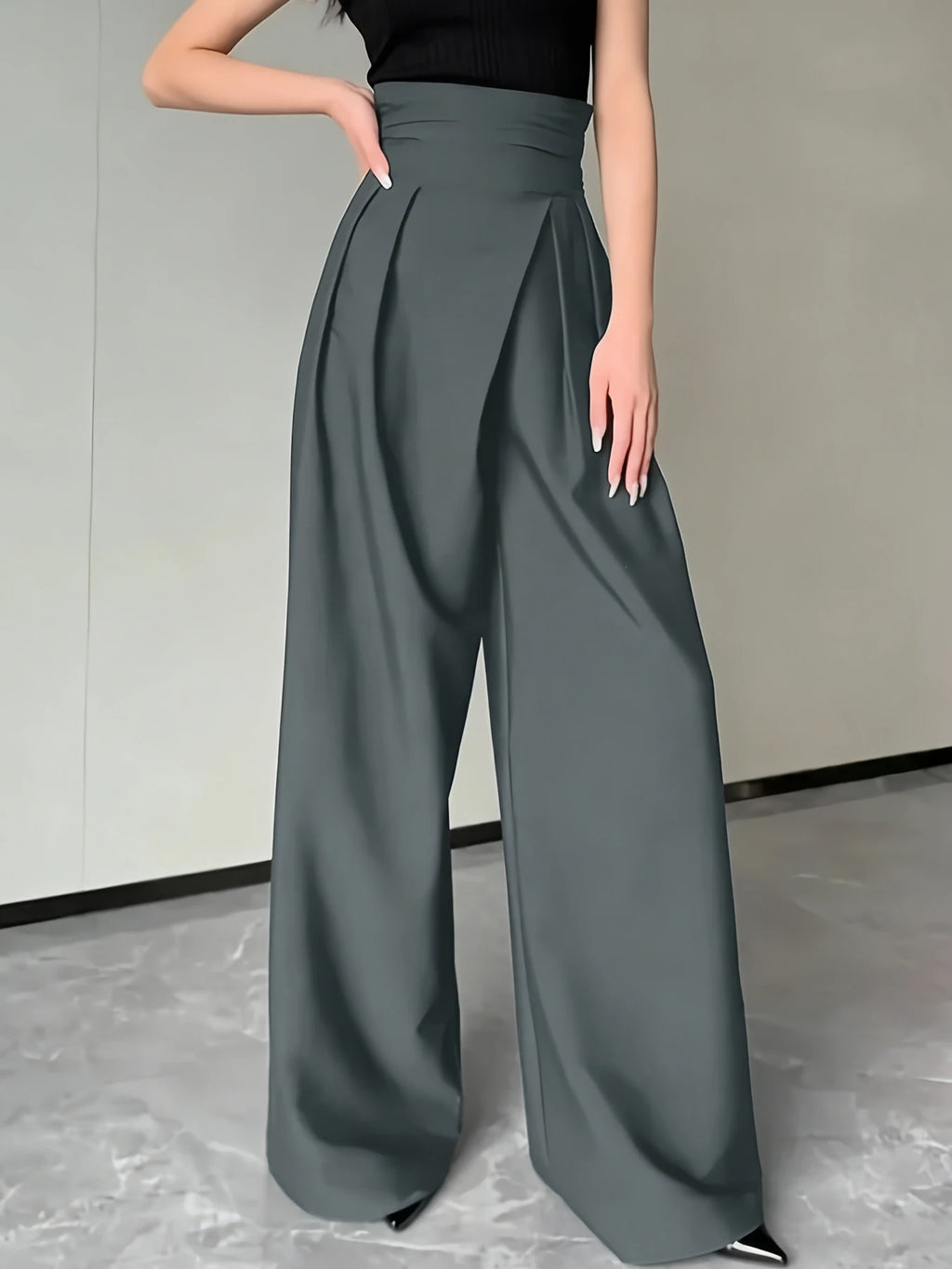 Women's Grey High Waist Wide Leg Suit Pants Pleated Wrap Waist Flowy Palazzo Pants Fashion Spring Summer Office Daily Trousers