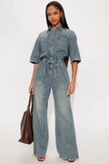 Streetwear Wide Leg Jeans Jumpsuit Sexy Women Turn Down Collar Elegant Denim Straight Romper Overalls
