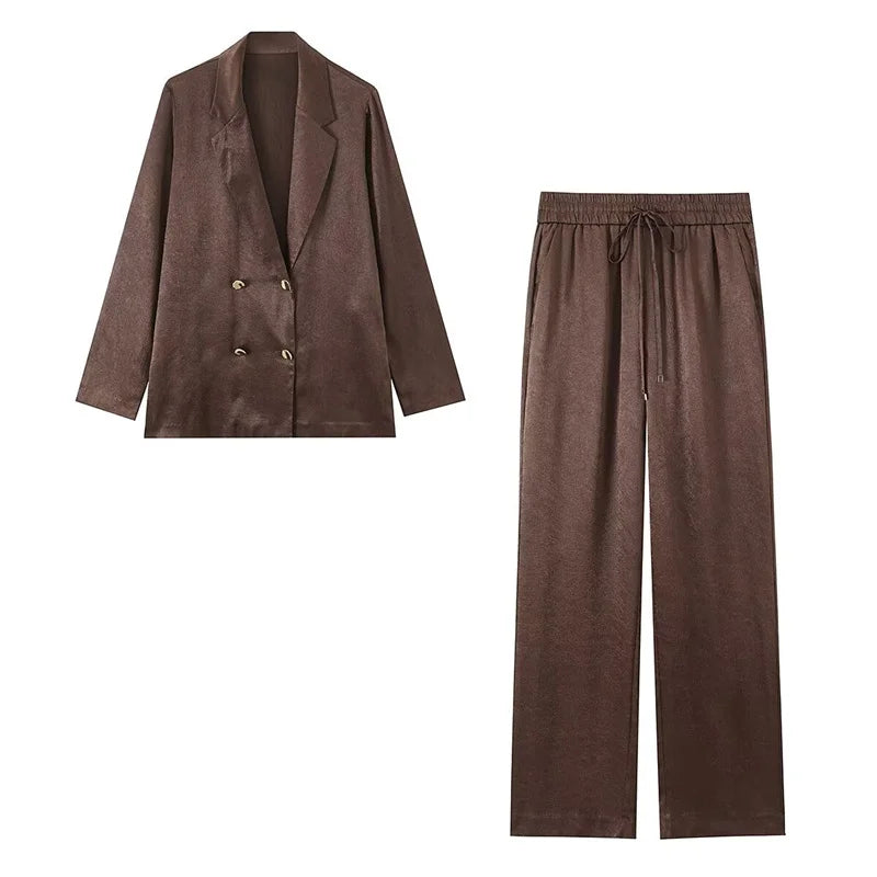 Women's Suit 2026 Spring New Style Reddish-Brown Long Sleeve Draped Pleated Decorative Simple Blazer and Trousers Set Fashion