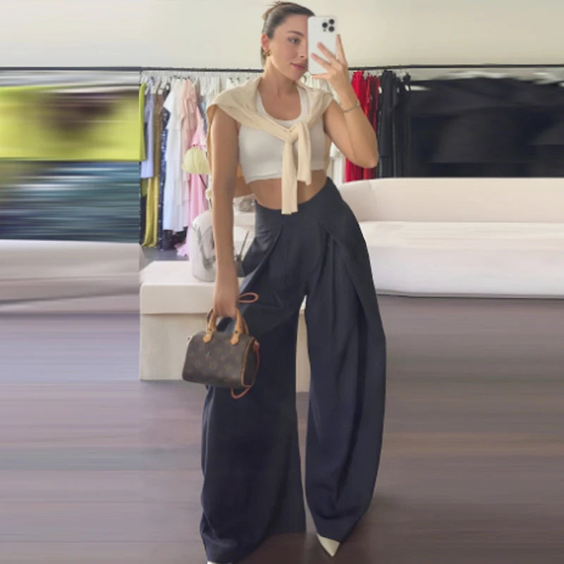 HXAO Striped Baggy Pants Women's Pants Autumn 2025 Elegant Pleated Wide Leg Oversized Trousers Ladies Fashion High Waist Pants