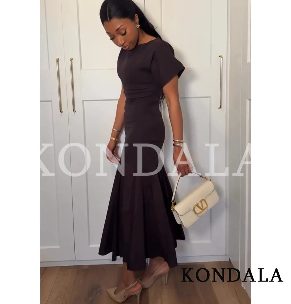 KONDALA Vintage Boat Collar Long Dress Women's Elegant Casual Splicing Pleated Dress New 2026 Spring Summer Fashion Slim Dress