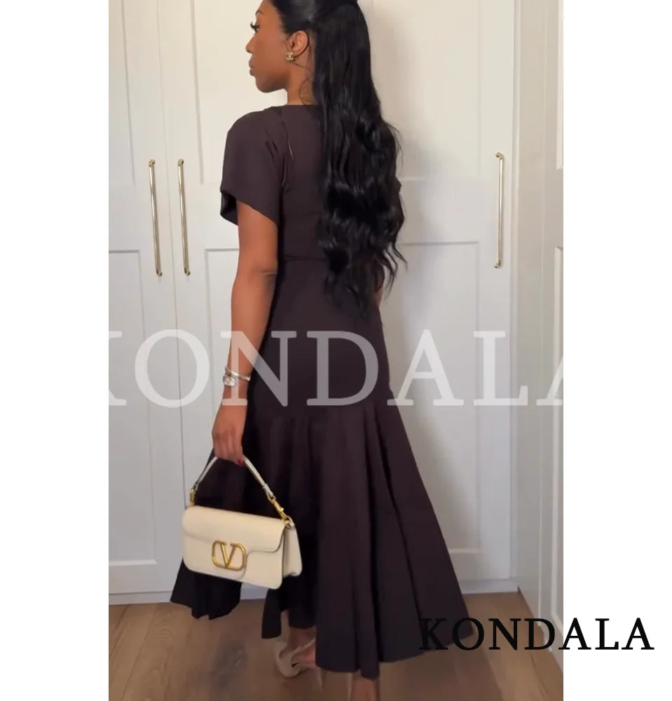 KONDALA Vintage Boat Collar Long Dress Women's Elegant Casual Splicing Pleated Dress New 2026 Spring Summer Fashion Slim Dress