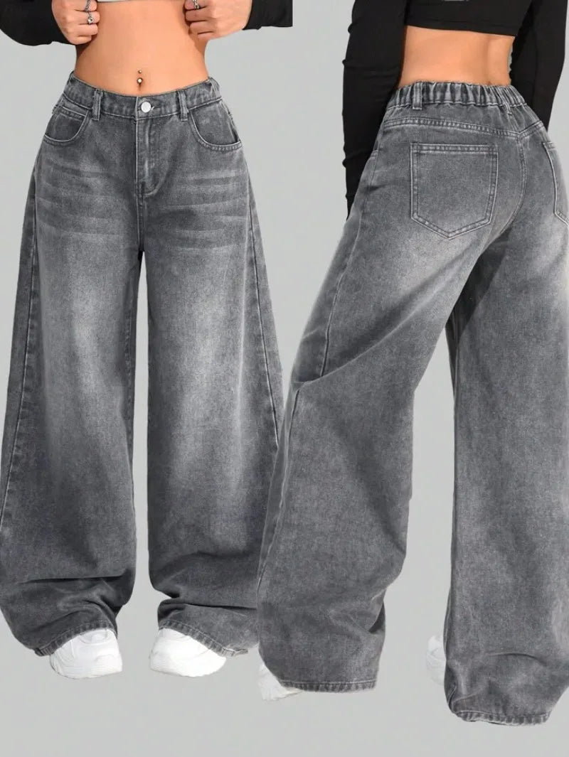 American New Fashion Solid Color Washed Baggy Jeans Y2K Streetwear Vintage Fashion Joker Men and Women High Waist Wide Leg Pants