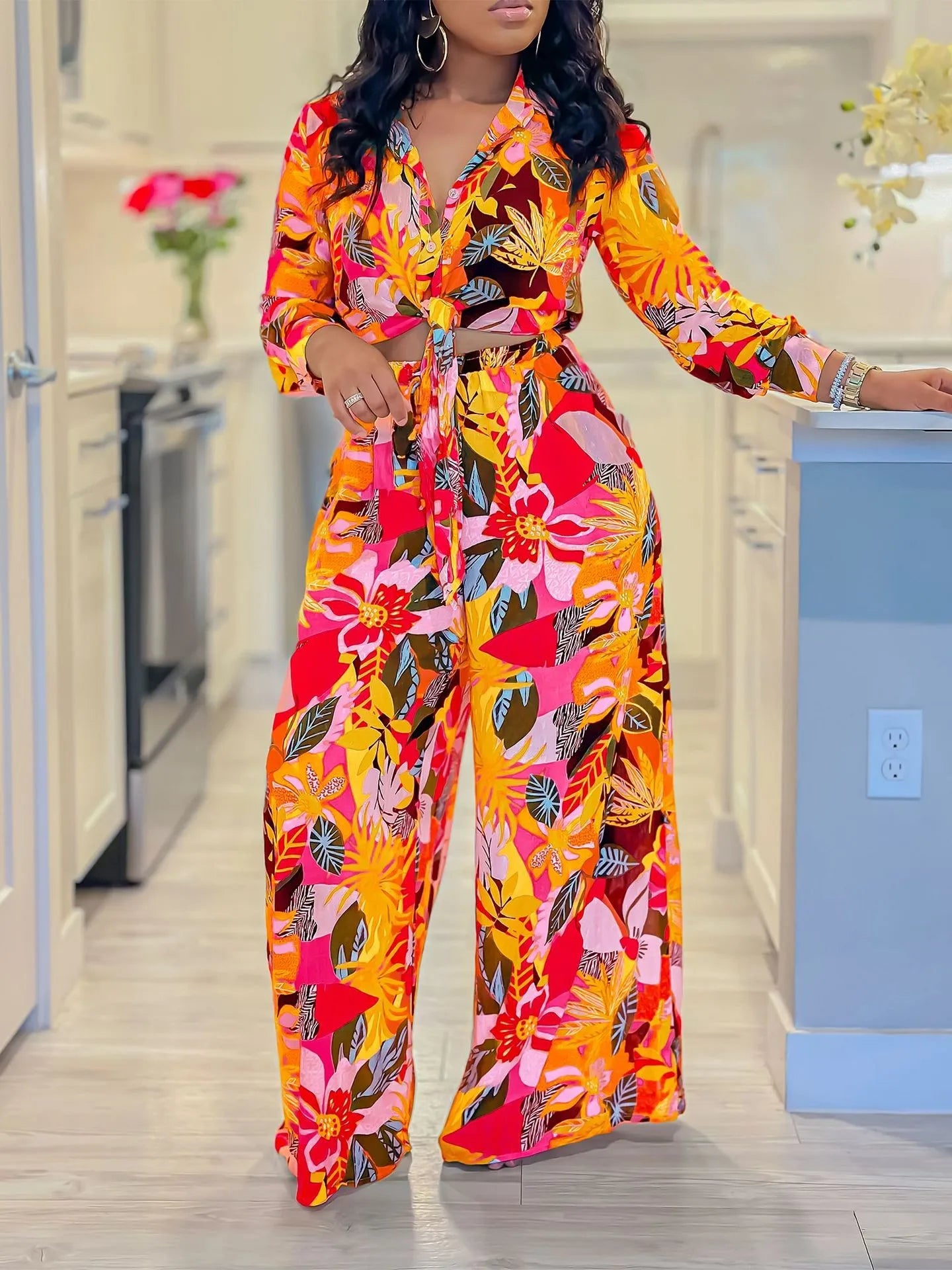 Summer Women's Clothing Floral Print Tie Waist Long Sleeve Shirt And Wide Leg Pants Set Elegant Two Suit Polyester