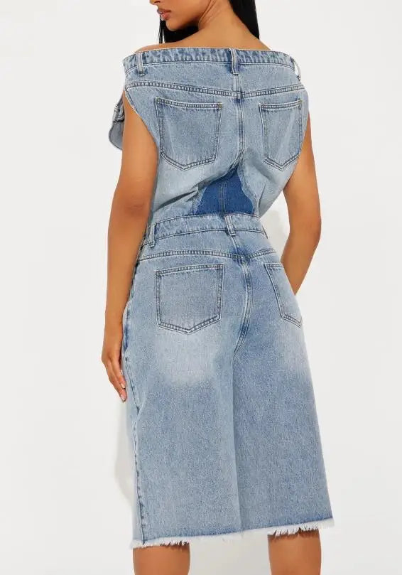 Summer New Trend Personalized One Neck Design Slim Fit High Waist Straight Leg Jumpsuit Women's Side Zipper Denim Jumpsuit