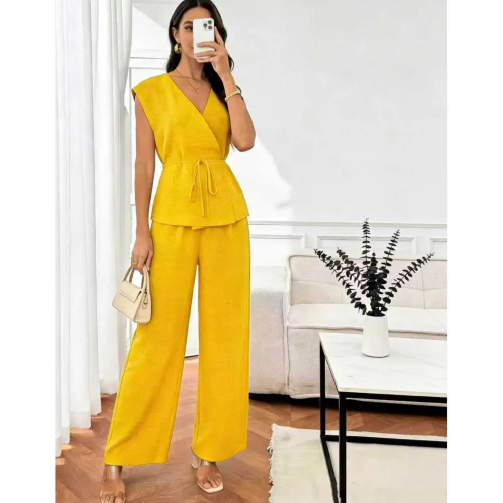 Elegant Women's Waist-cinched Shirt Trousers Suit Summer Casual V-neck Sleeveless Top Loose Wide-leg Trousers 2 piece Set Female