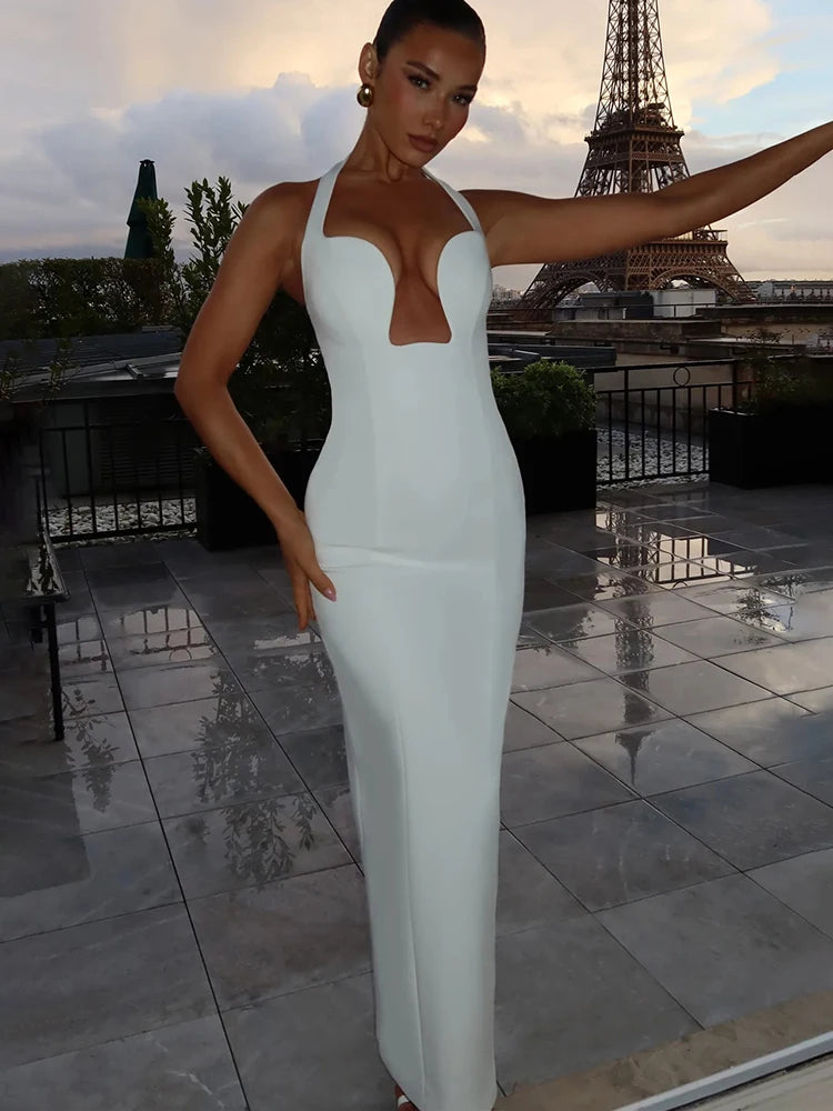Mozision Halter Strapless Sexy Maxi Dress Women Elegant Deep V Neck Hollow Out Sleeveless Backless Bodycon Club Party Long Dress