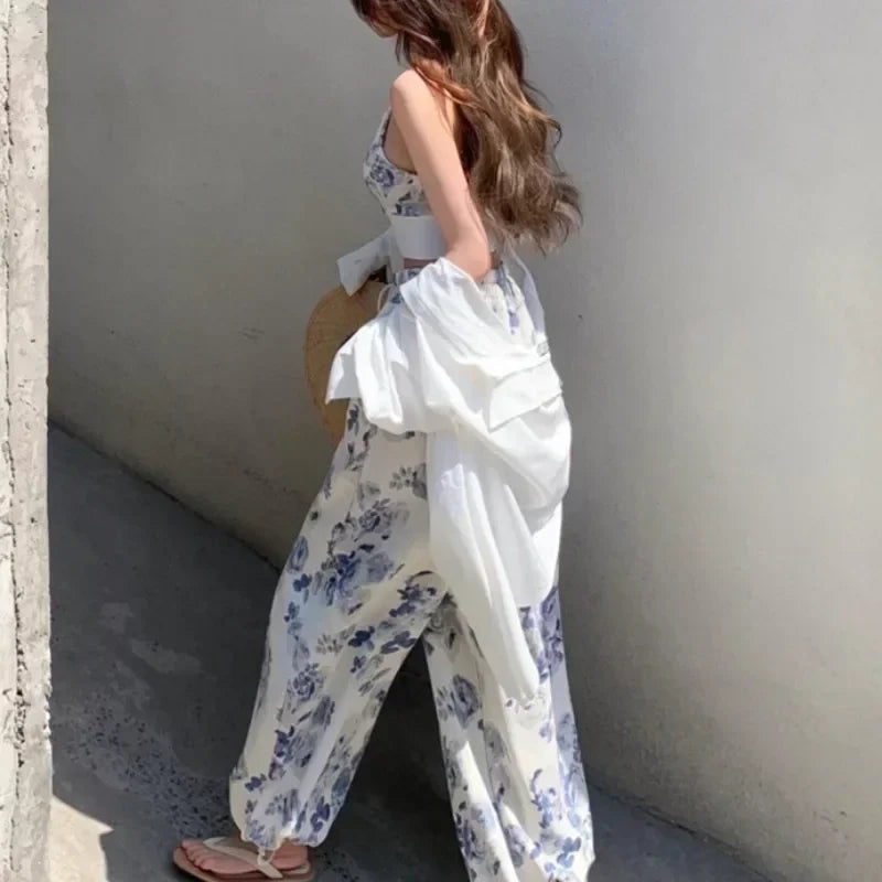 Korea 2 Piece Sets Womens Outifits Summer Clothes 2024 Floral V-Neck Spaghetti Strap Camisole and Drawstring Elastic Waist Pants