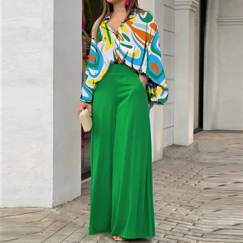 Fashion Print Set Women Casual Long Sleeve Button Shirt+Pockets High Waist Wide Leg Pants Office 2 Piece Sets Lady Spring Summer