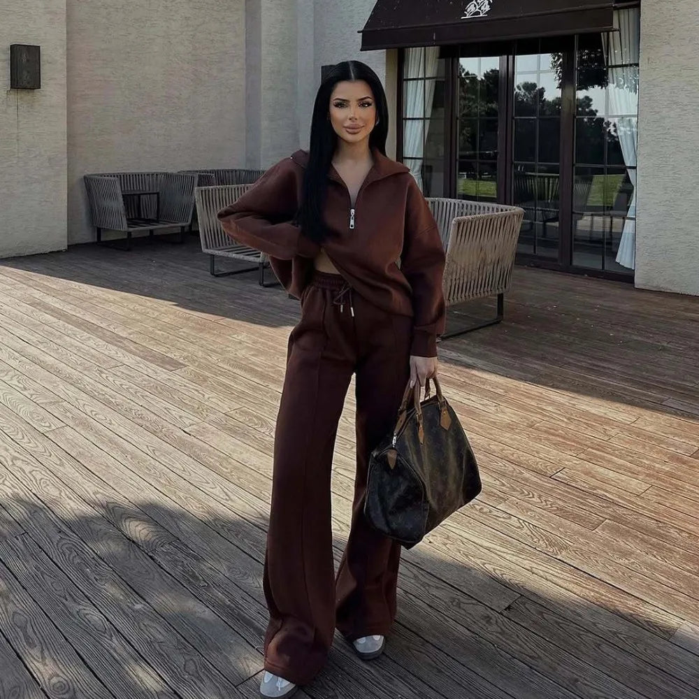European American Women Casual Suit Half Placket Long Pants Two Piece Set Loose Outfit