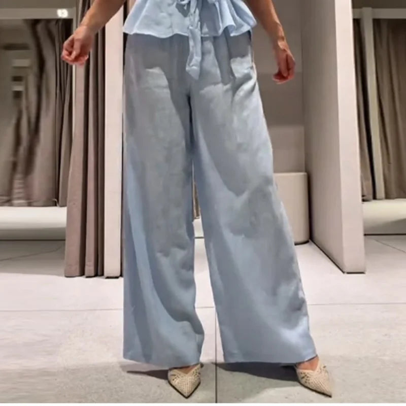 Lapel Short Sleeve Pocket Solid Color Shirt Pants Set Loose Fit Straight Leg Trouser 2026 Spring Casual Women Daily Outfit