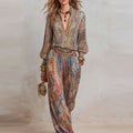 Boho Paisley Print Two-Piece Set for Women Sexy V-Neck Long Sleeve Blouse Top & Wide Leg Pants Casual Loose Suit for Vacation