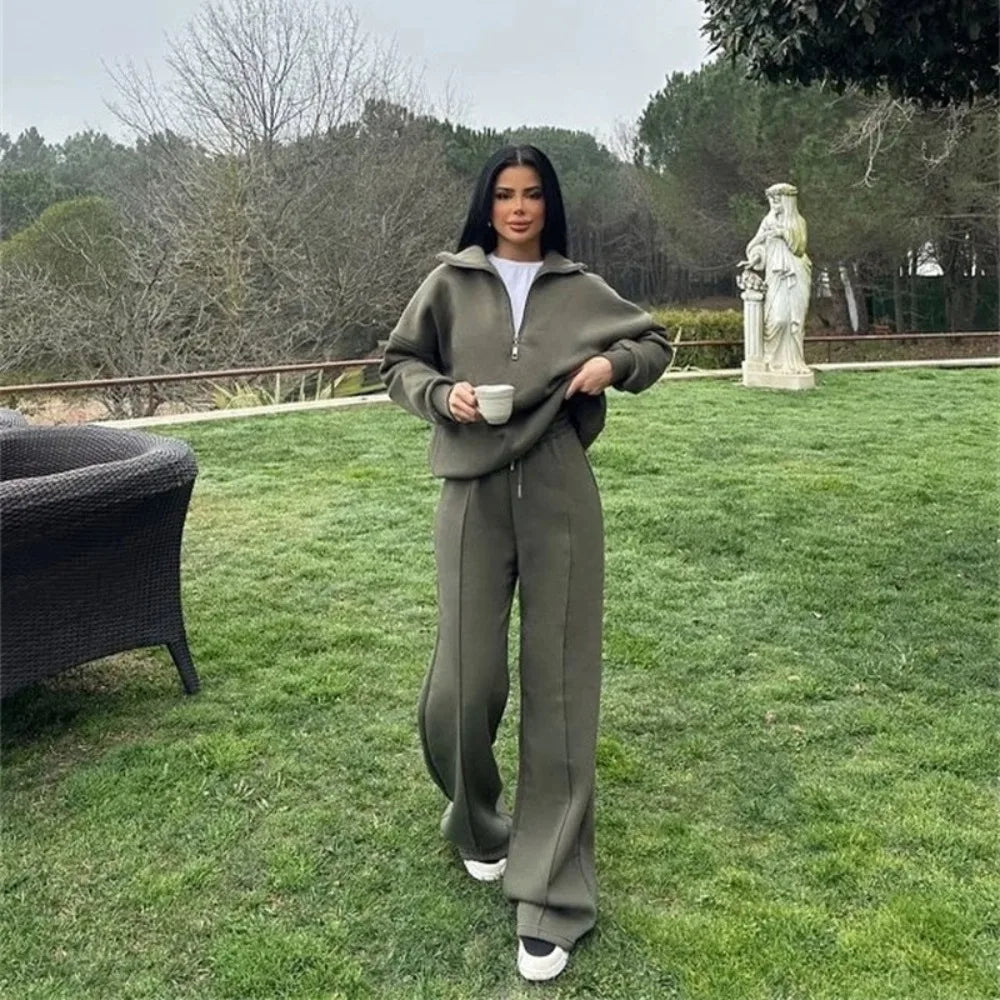 European American Women Casual Suit Half Placket Long Pants Two Piece Set Loose Outfit