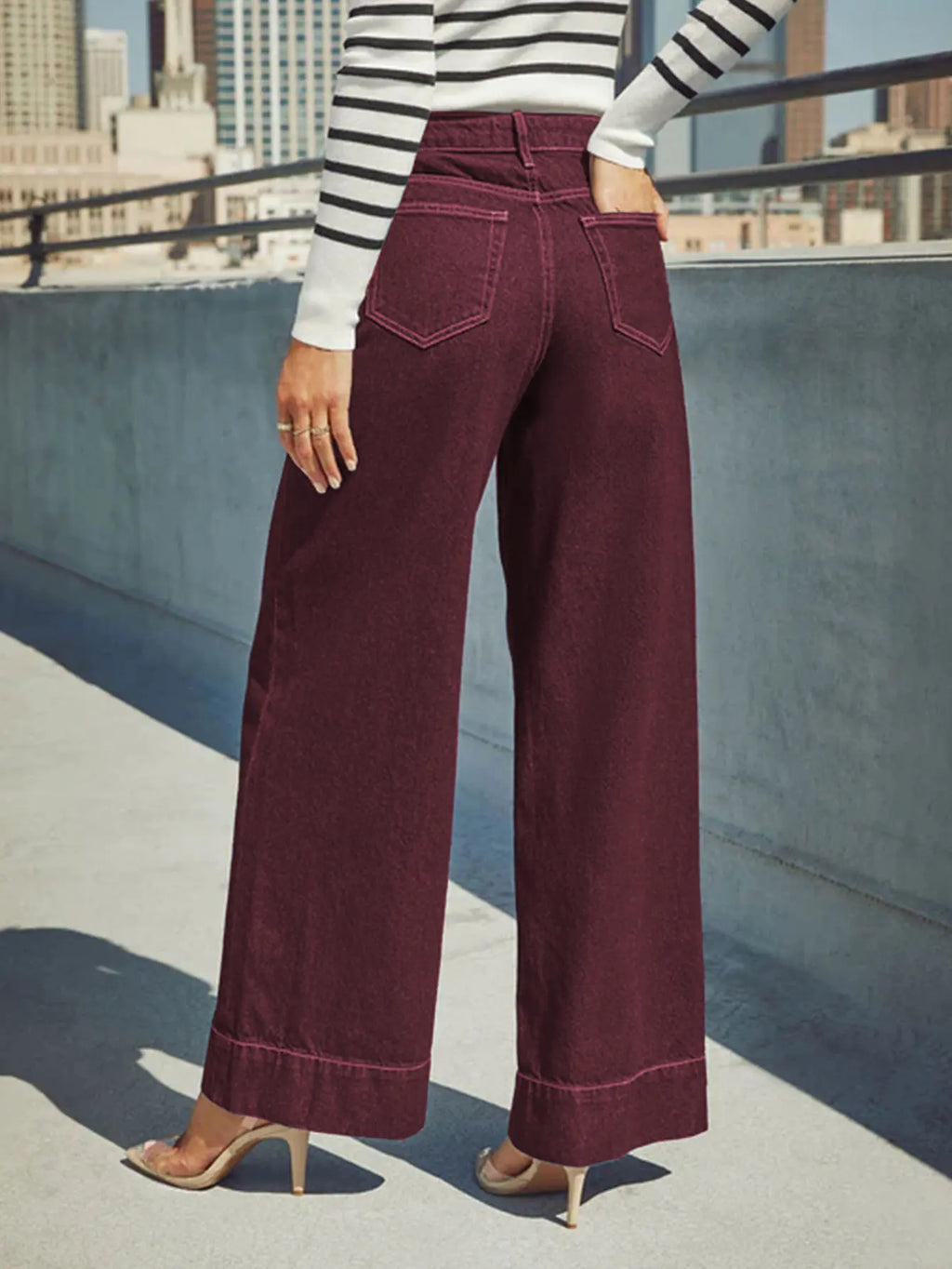 Burgundy women's high waist wide leg jeans stretch denim button placket washed jeans casual outing versatile style