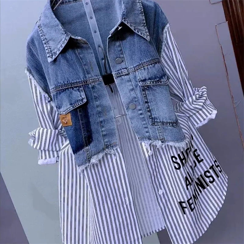 Fashion Striped Denim Jacket Women's Spring/Summer 2024 New Design Sense Stitching Women Jackets Temperament Coat Top 3022