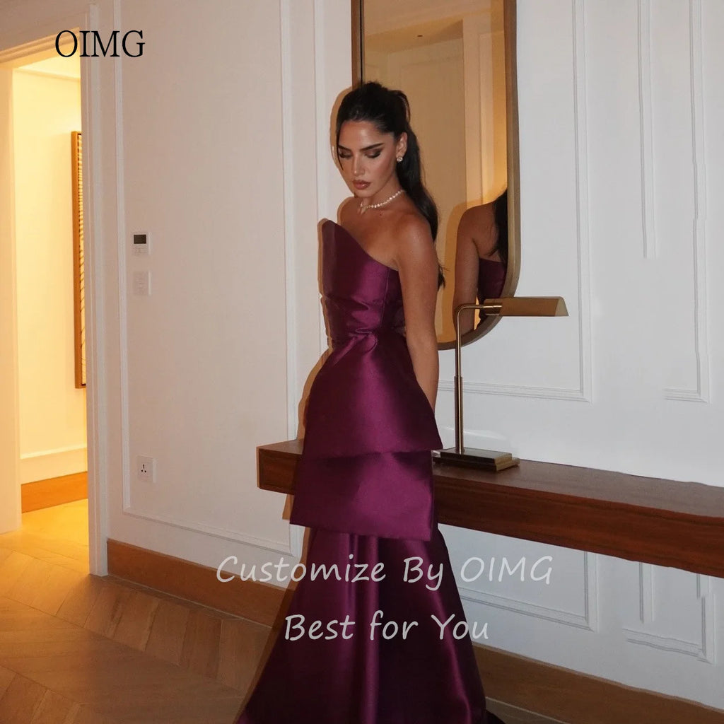 OIMG Classic Purple Strapless A Line Prom Gowns Satin Backless Formal Party Gown Floor Length Evening Dress Customized