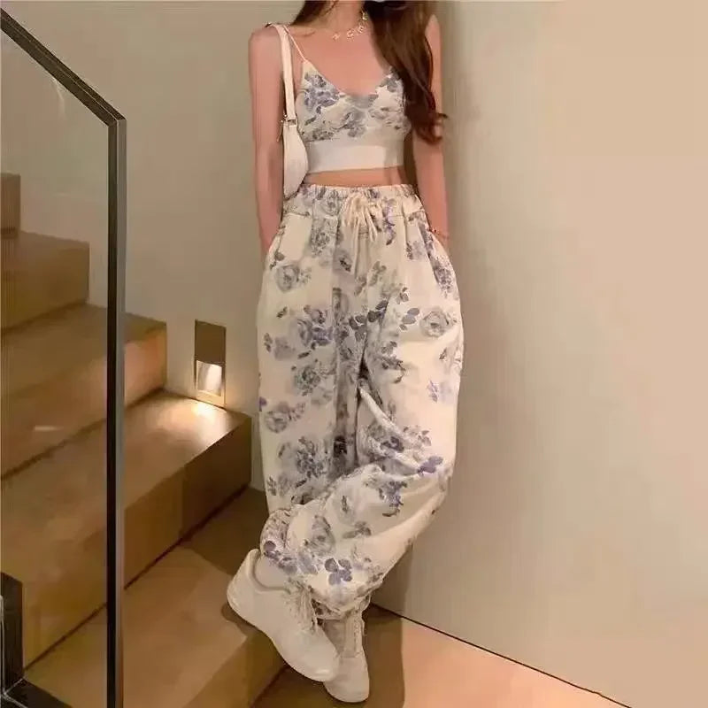 Korea 2 Piece Sets Womens Outifits Summer Clothes 2024 Floral V-Neck Spaghetti Strap Camisole and Drawstring Elastic Waist Pants