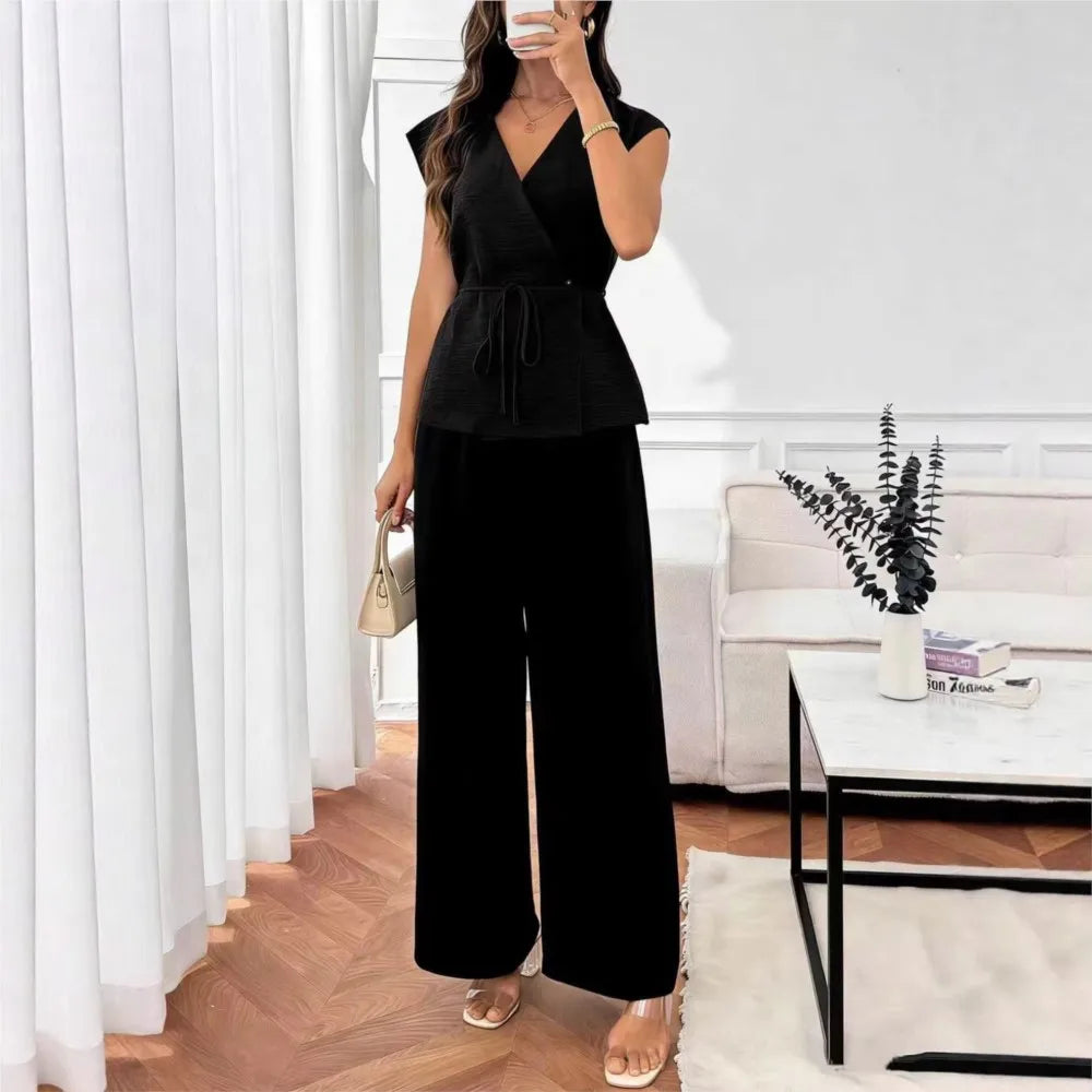 Elegant Women's Waist-cinched Shirt Trousers Suit Summer Casual V-neck Sleeveless Top Loose Wide-leg Trousers 2 piece Set Female