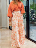 V-neck Long Sleeve Shirt And Blouses Solid Crop Top Straight Print Wide Leg Long Pant Suits 2-pieces Casual Autumn Woman Sets