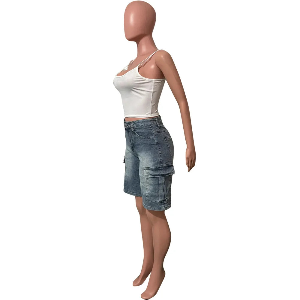 2025 Summer Women Fashion Pockets Denim Cargo Shorts Washed Stretchy High Waist Knee Length Short Jeans Casual Female Streetwear