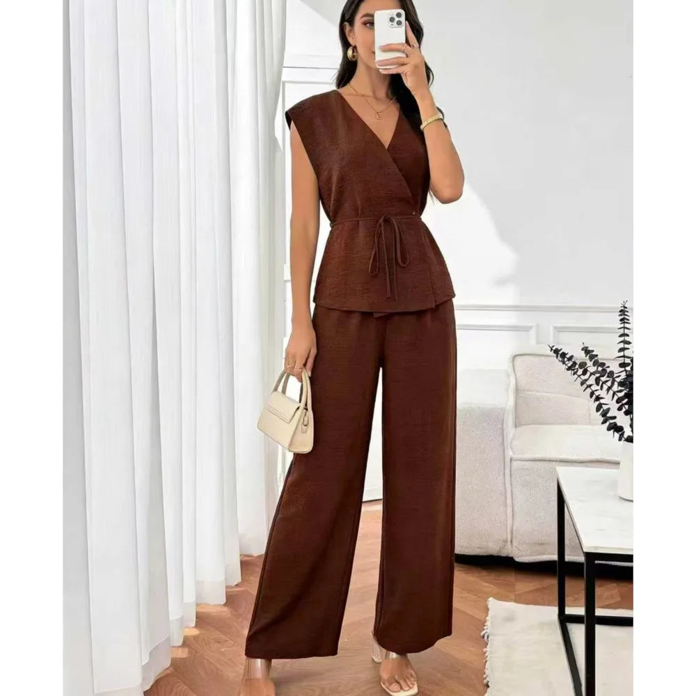 Elegant Women's Waist-cinched Shirt Trousers Suit Summer Casual V-neck Sleeveless Top Loose Wide-leg Trousers 2 piece Set Female
