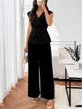 Elegant Women's Waist-cinched Shirt Trousers Suit Summer Casual V-neck Sleeveless Top Loose Wide-leg Trousers 2 piece Set Female