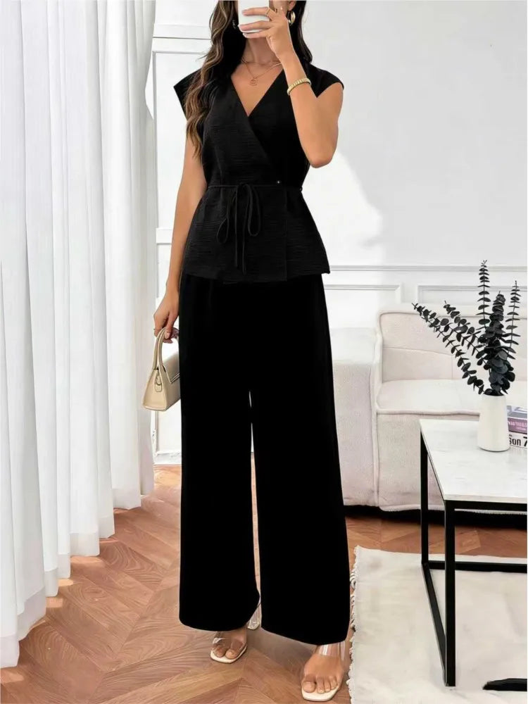 Elegant Women's Waist-cinched Shirt Trousers Suit Summer Casual V-neck Sleeveless Top Loose Wide-leg Trousers 2 piece Set Female