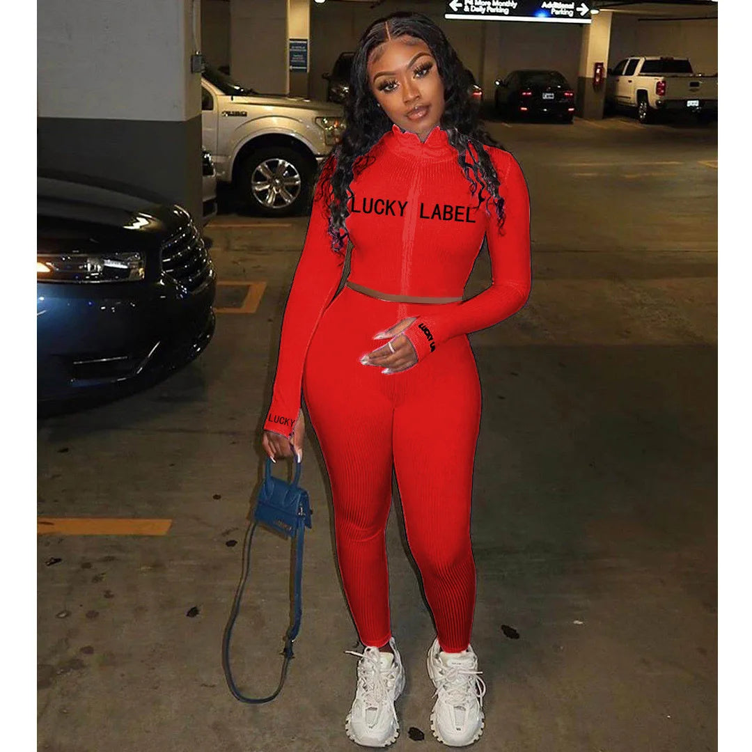 2026 Women's High-Necked 2-Piece Sport Suit with Embroidered Letters And Zipper Detail