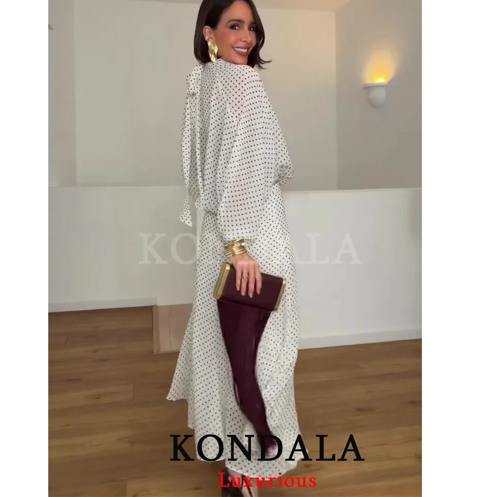 KONDALA Vintage Polka Dot Women Sets Chiffon Bow Tie Loose Blouses Loose Long Skirts Fashion 2026 Spring Summer Holiday Suits