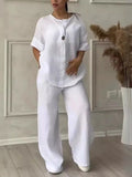 Cotton Linen Sets Two 2 Pieces Sale Casual Long Sleeve Button Loose Blouse Shirt&High Elastic Wide Leg Loose Pant Suits NMD-3021