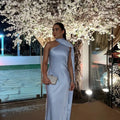 Sexy Satin Ribbon Party Dress Women Elegant Halter Backless Off Shoulder Sleeveless Female Dresses 2024 Summer Solid Robe Gown
