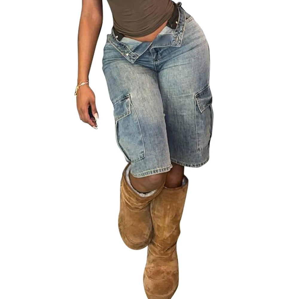 2025 Summer Women Fashion Pockets Denim Cargo Shorts Washed Stretchy High Waist Knee Length Short Jeans Casual Female Streetwear