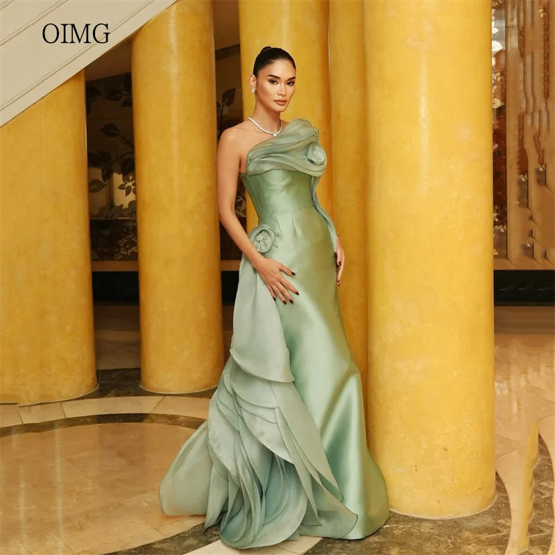 OIMG Green Strapless Mermaid Prom Gowns Satin Backless Tiered Formal Party Gown Floor Length Evening Dress 2026 Customized